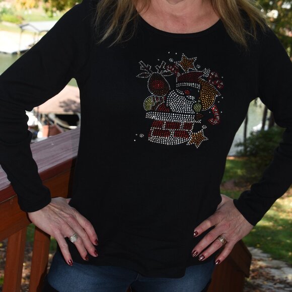 Christmas Santa & Reindeer   rhinestone  long Sleeve Shirt S M L XL XXL 1X… - Picture 2 of 7